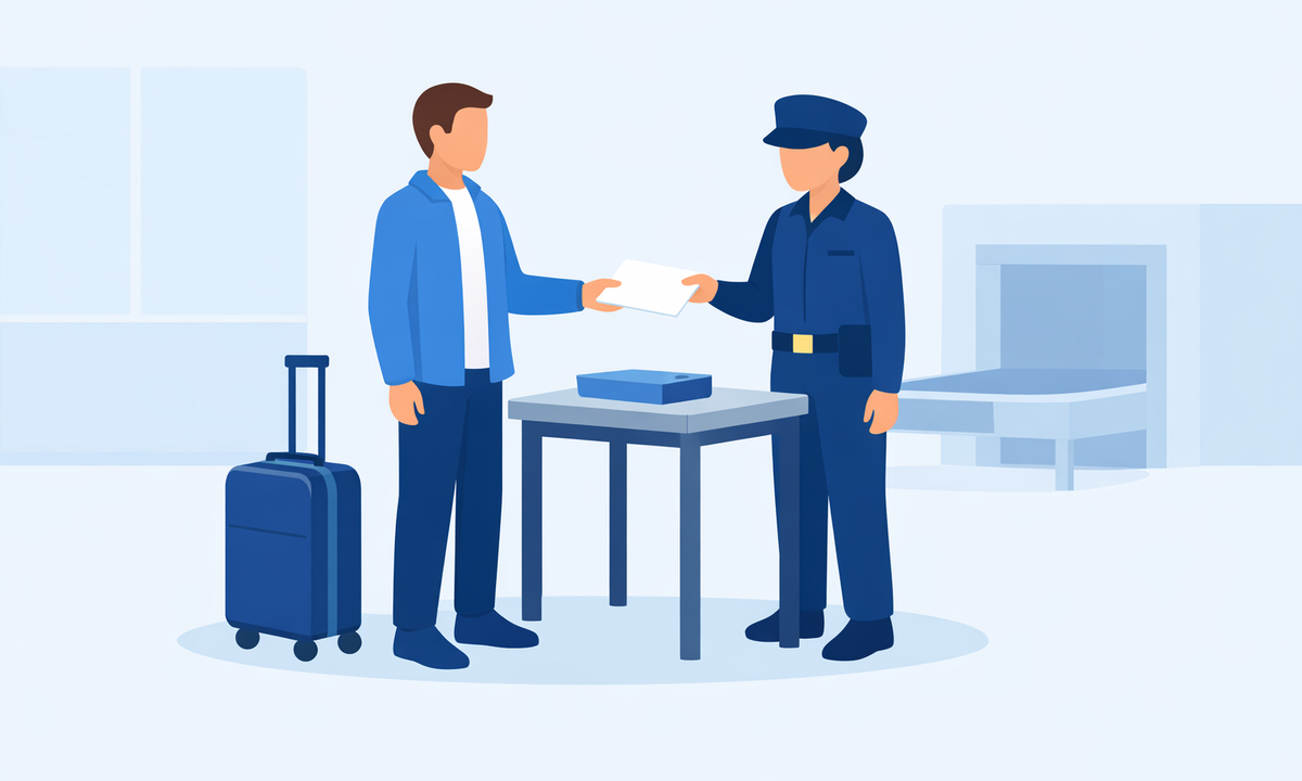 空港の税関で係官の質問に答える旅行者