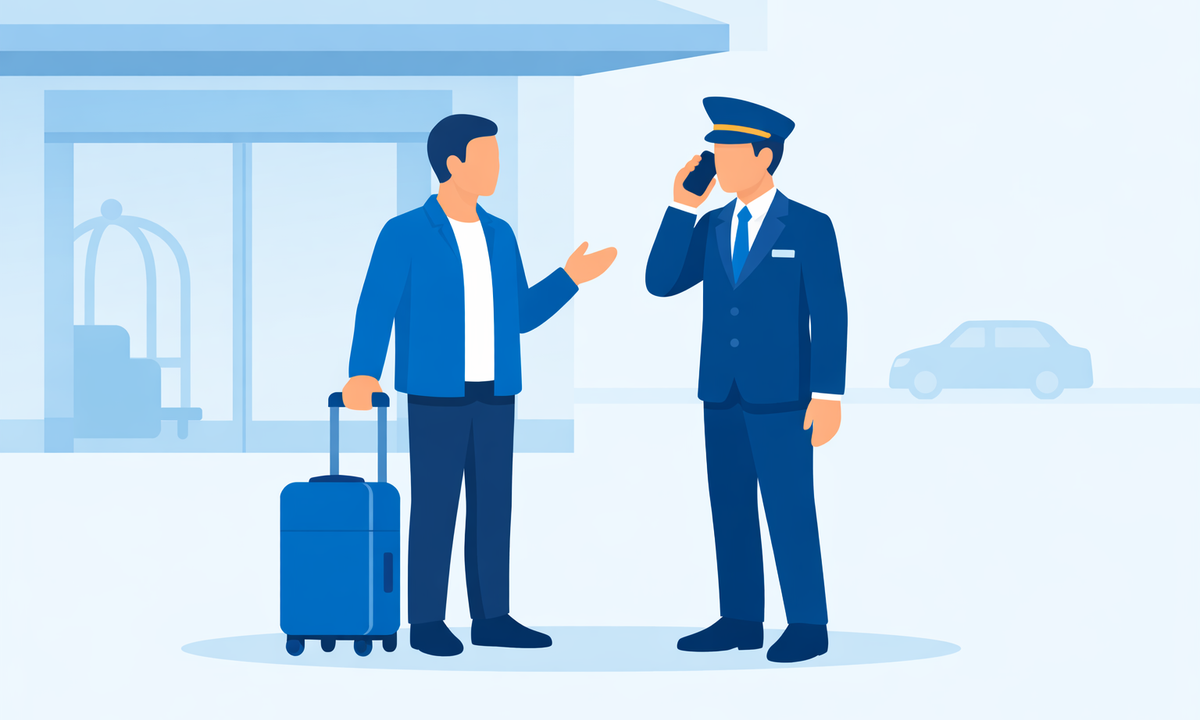 ホテルスタッフにタクシーを呼んでもらう旅行者