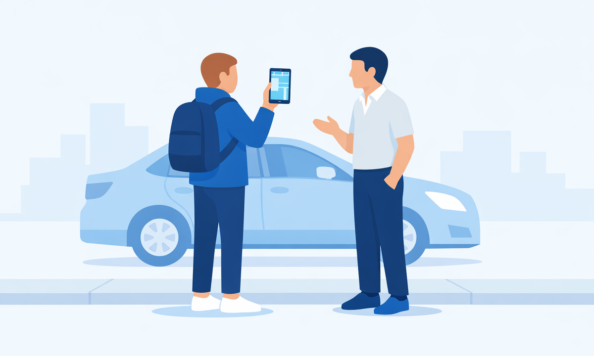 タクシー運転手に目的地を伝える旅行者