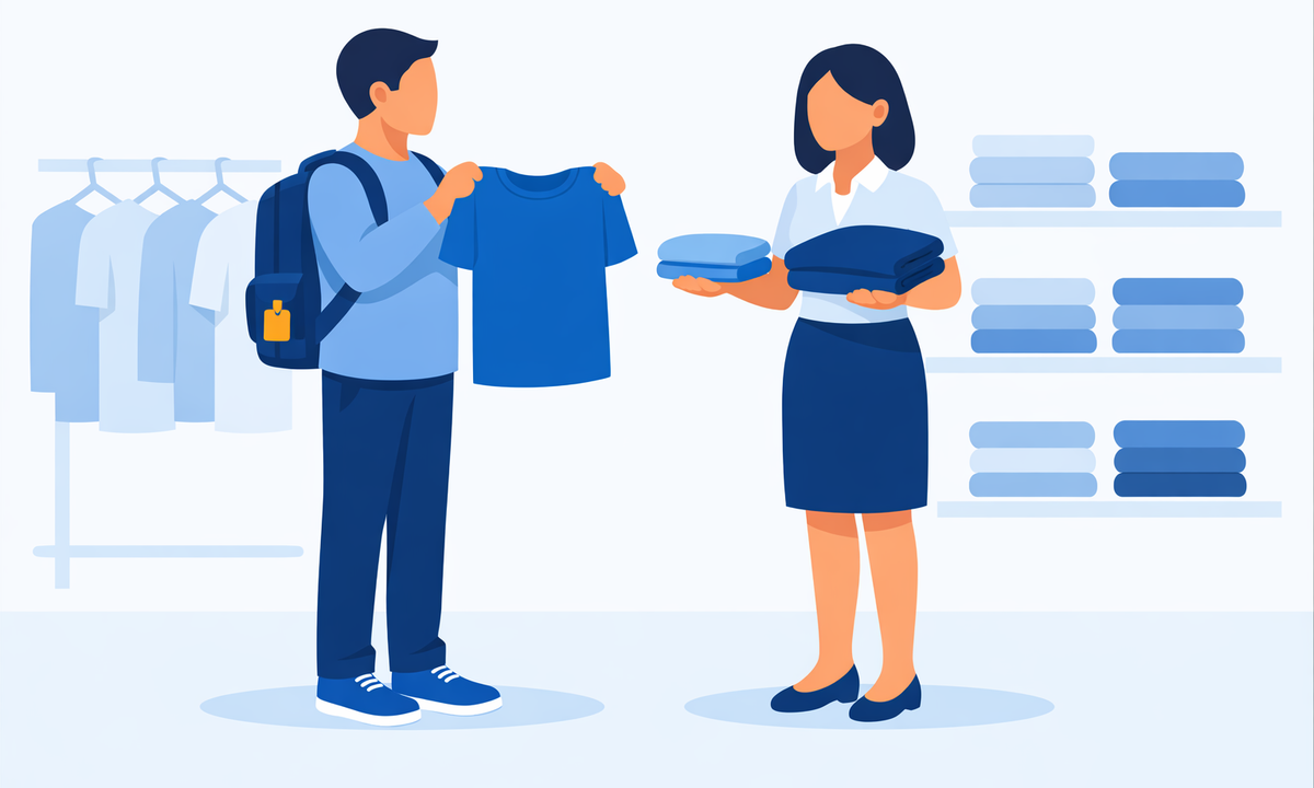 海外のお店で違う服のサイズを尋ねる旅行者
