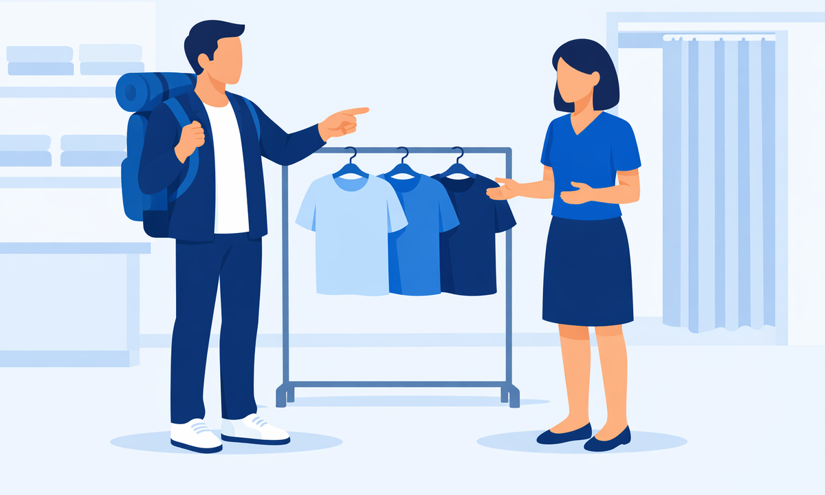 海外のお店で服の色違いを尋ねる旅行者