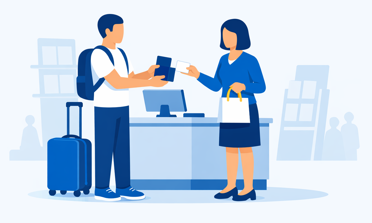 海外のお店で免税手続きをする旅行者