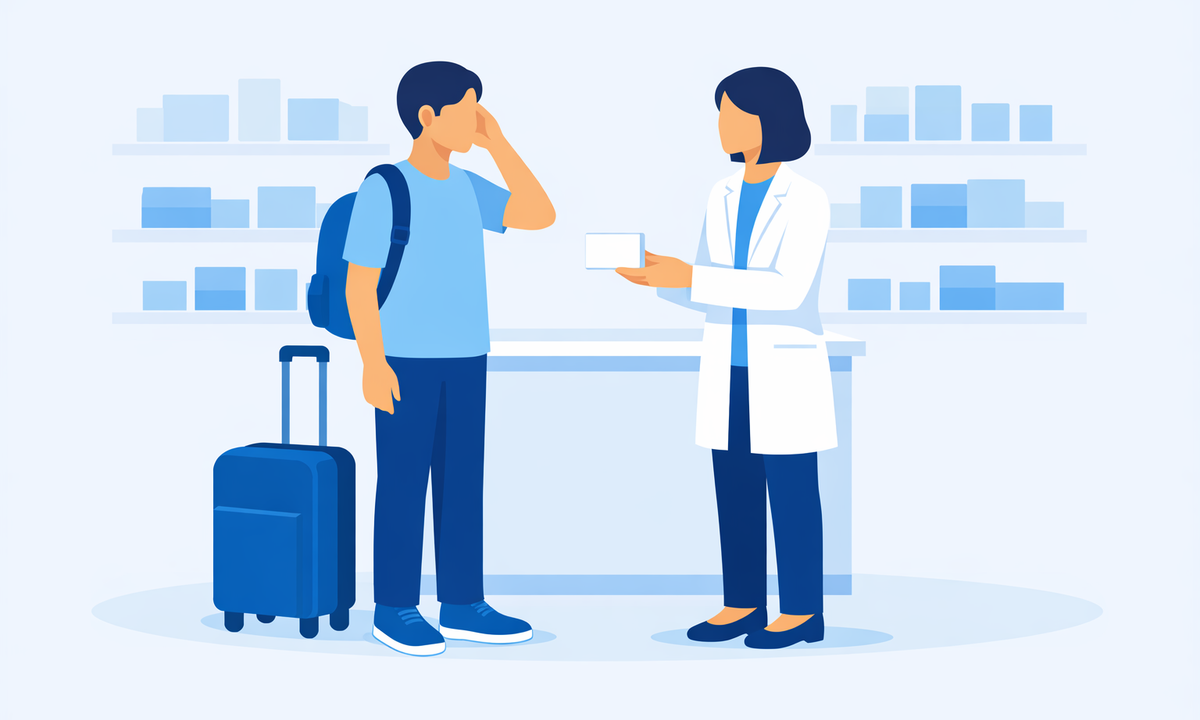 海外の薬局で症状を薬剤師に伝える旅行者